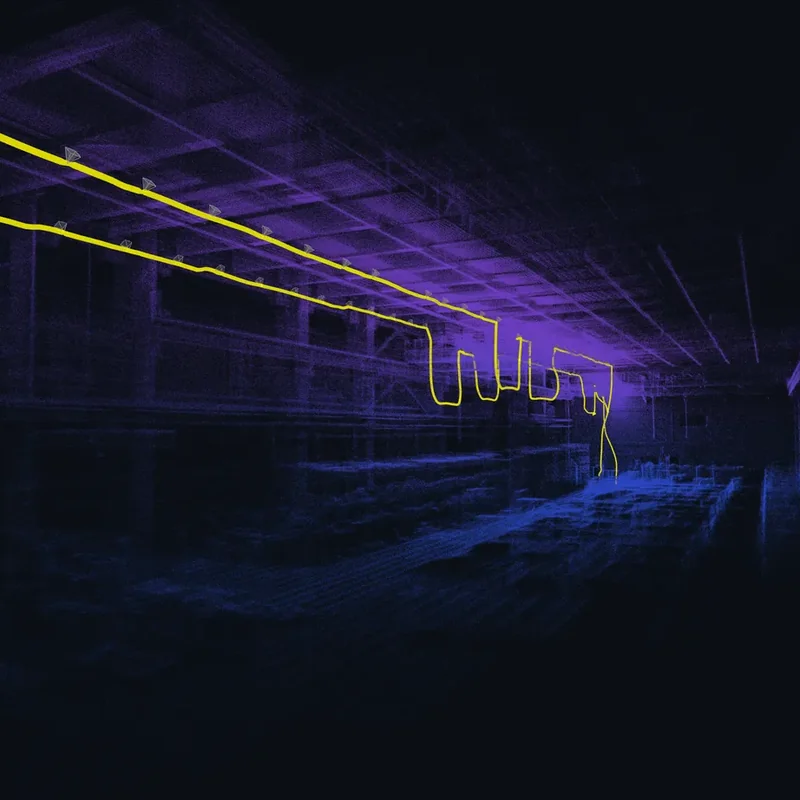 LiDAR-Aufnahme Hallendecke und Regalstruktur im Logistiklager